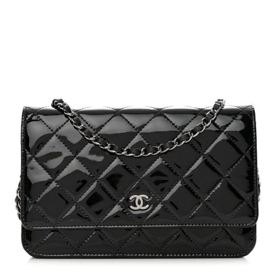 Patent Quilted Wallet On Chain WOC Black | FASHIONPHILE (US)