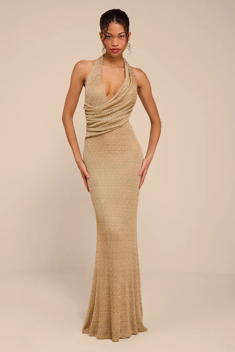 Grace Gold Knit Ruched Halter Maxi Dress | Lulus