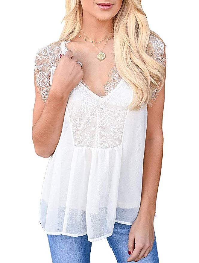 YIBOCK Women's Summer Lace Chiffon V Neck Sleeveless Cami Tank Tops Blouse | Amazon (US)