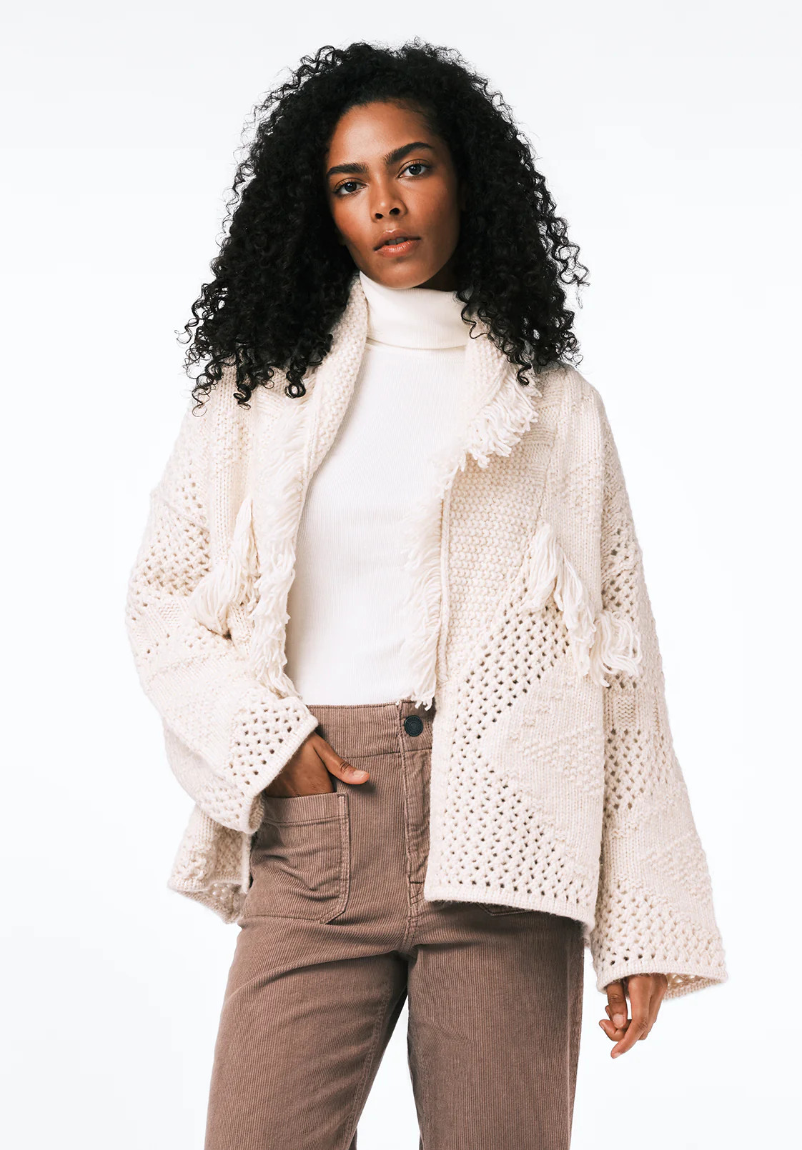 Agatha Women's Open-Front Knit Cardigan with Fringe Detail, Oatmeal - SW0154 | Buffalo David Bitton