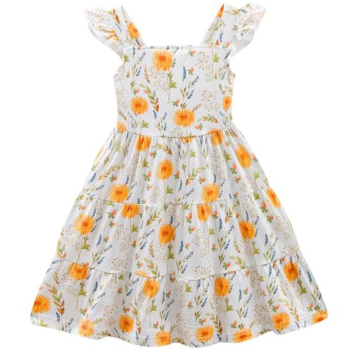 NUBEEHOHO Girls Dress Yellow Floral Toddler Summer Outfits Flutter Sleeve Twirly Shirred Tiered Boho Vacation Sundress Kids Smock Flower Dresses 2-3 Years/1603 | Amazon (US)
