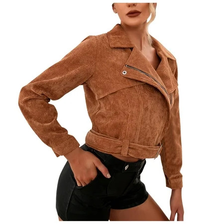 Paptzroi Women Solid Color Big Lapel Outwear Fall Winter Short Casual Zipper Long Sleeve Jacket Coac | Walmart (US)