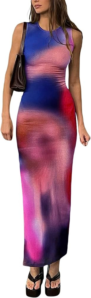 Argeousgor Women Y2k Tie Dye Tank Dress Sleeveless Bodycon Long Dresses Printed Slim Fit Short Dr... | Amazon (US)