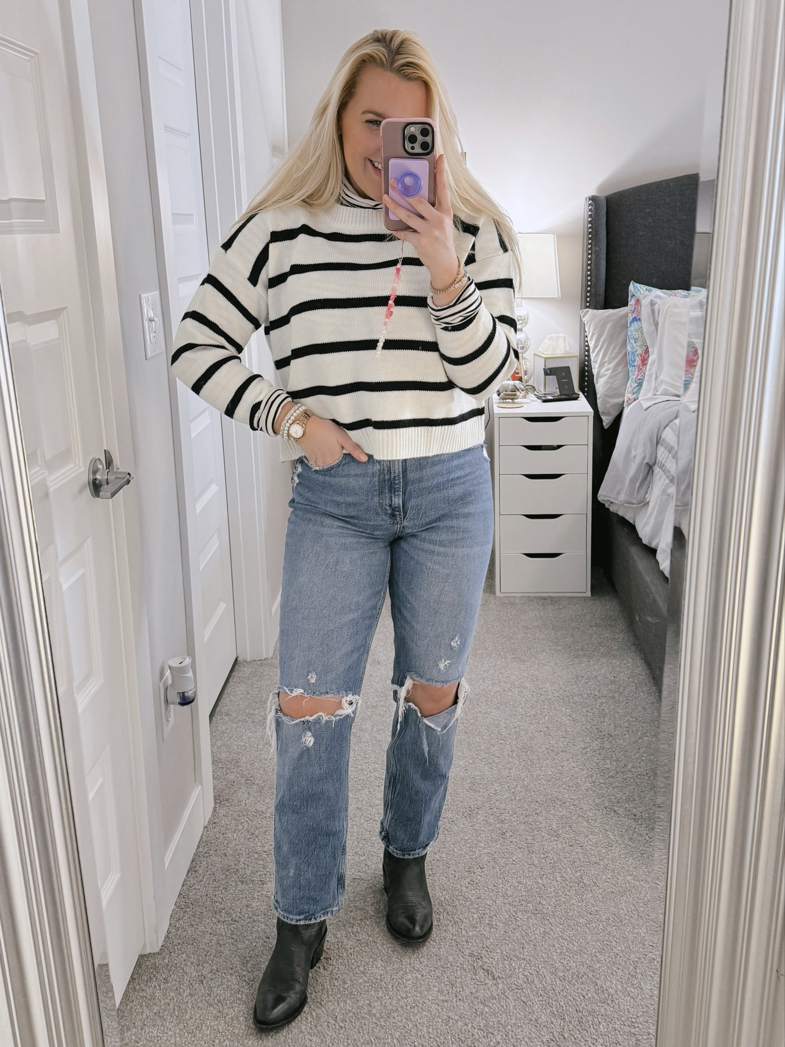 1.12.24 OOTD 🤍 striped sweater, winter outfit, cowboy boots, straight leg jeans, casual winter outfit, affordable sweater,

#LTKstyletip #LTKfindsunder50 #LTKfindsunder100