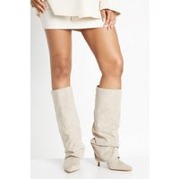 boohoo Women's Faux Suede Fold Over Stiletto Knee High Boots in Cream | Size: 4 | Boohoo.com (UK & IE)