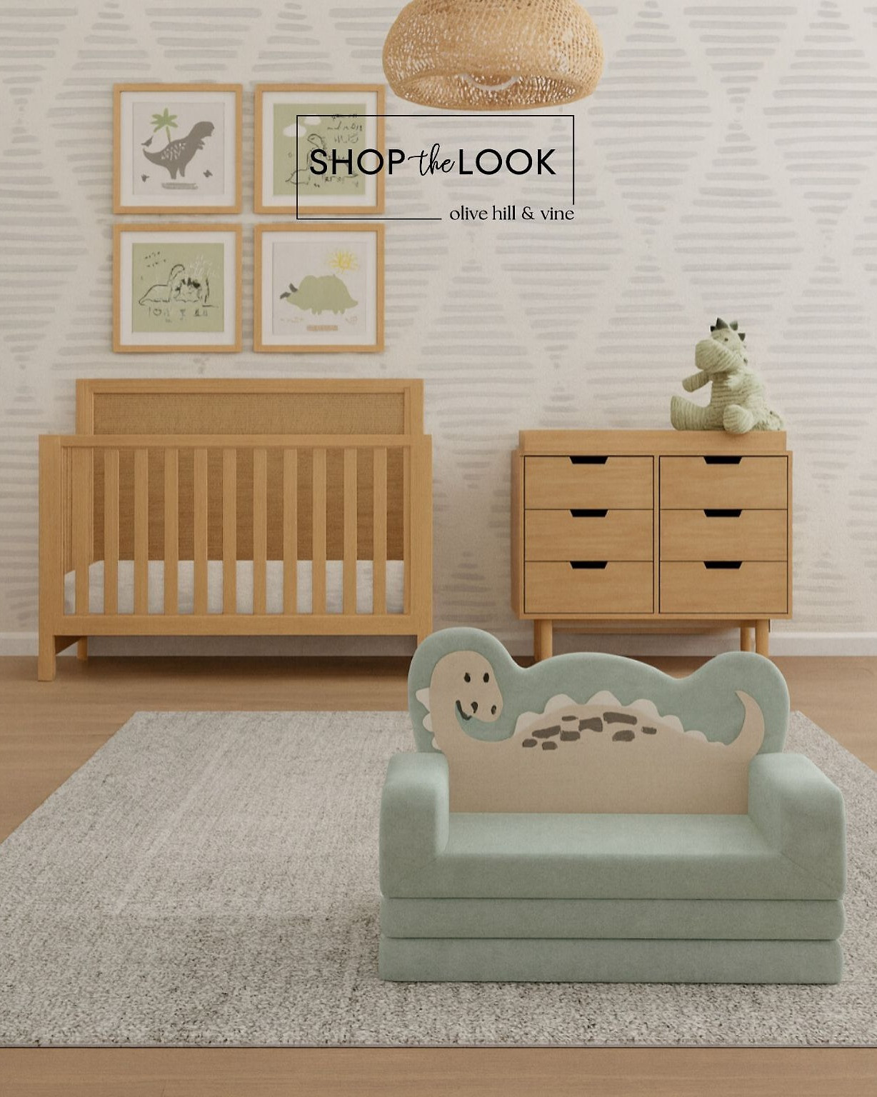 Playful dinos meet natural textures in this nursery design. Warm wood crib and dresser, mint-green toddler sofa, woven pendant, and whimsical wall art bring charm and light to a space little ones will love.  

 

#LTKHome #LTKBaby #LTKBump