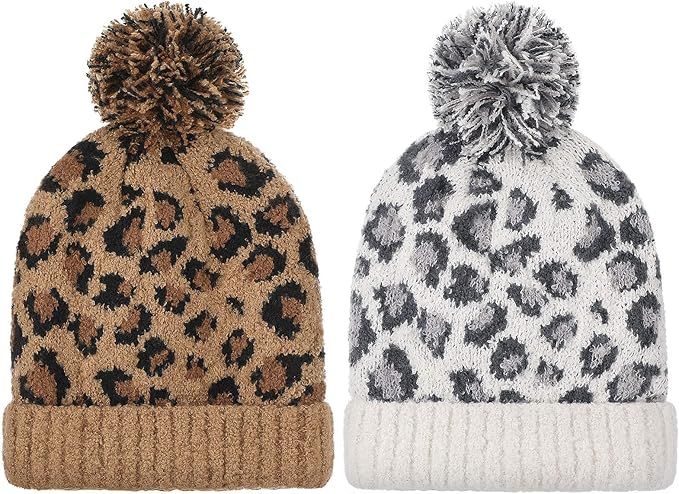 SATINIOR 2 Pieces Knitted Beanie Hat Leopard Warm Hat with Faux Fur Pom Winter Soft Ski Skull Cap... | Amazon (US)