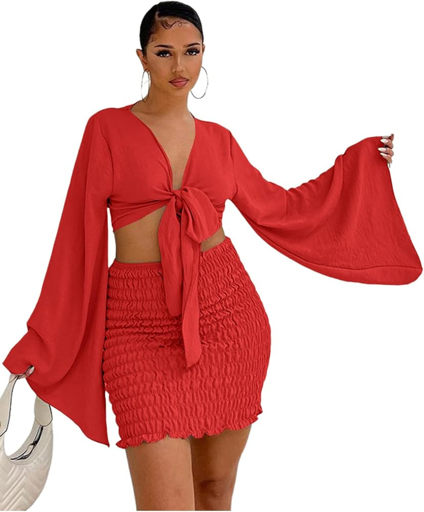 LYANER Women's 2 Piece Outfits Tie Knot Front Bell Long Sleeve Crop Top and Mini Skirt Set | Amazon (US)