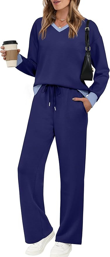 WIHOLL Lounge Sets for Women 2026 V Neck 2 Piece Outfits Airport Wide Leg Pants Matching Set Swea... | Amazon (US)