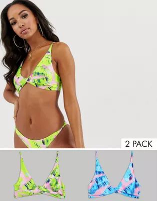 ASOS DESIGN multi pack twist front crop bikini top in lilac and pink neon leaf print | ASOS US