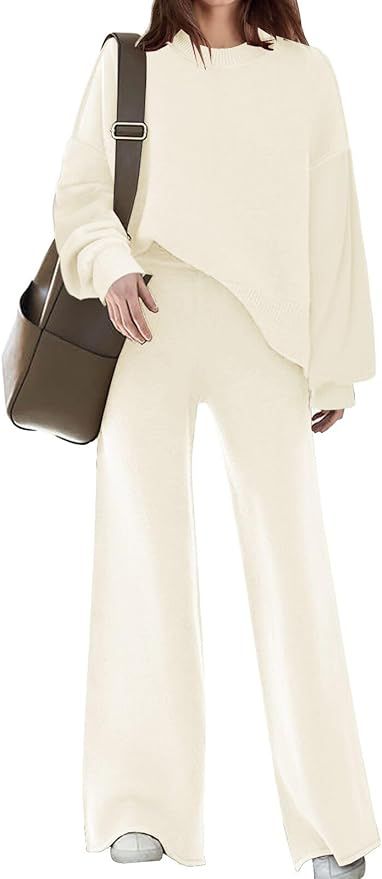 Womens 2 Piece Outfits Sweater Set Long Sleeve Knit Pullover Sweater Top Wide Leg Pants Lounge Se... | Amazon (US)
