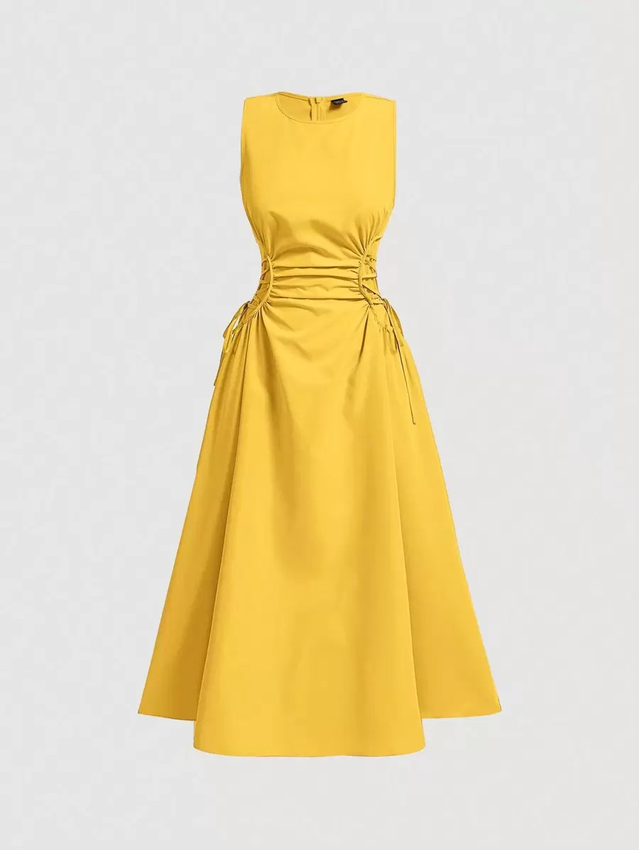 SHEIN MOD Black Date Night Lateral Cross Frenulum Solid Ruched Detail Long Dress,Tea Party Dress,... | SHEIN