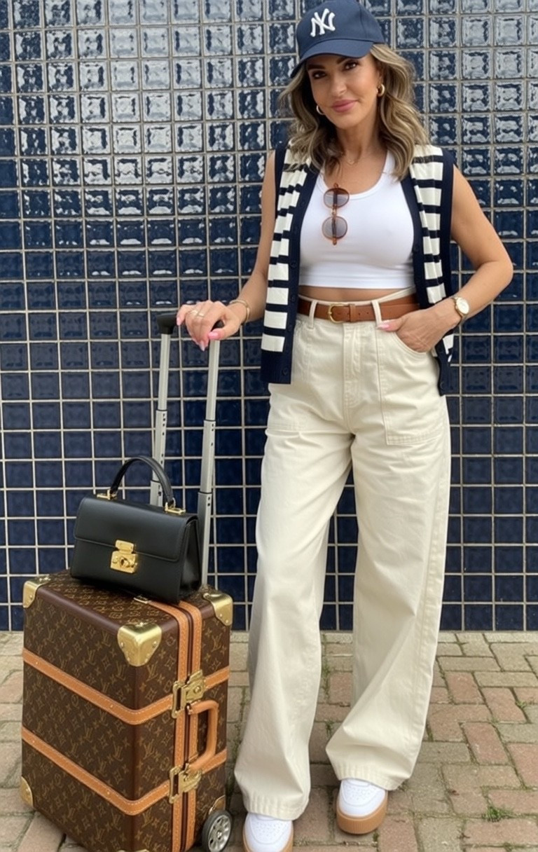 Holiday Travel Essentials ✈️
Comfort meets style for those holiday getaways! My go-to travel uniform is all about pieces that work hard and look effortless.

This classic nautical cardigan is perfect for layering on chilly flights (and easily ties around your waist when you land somewhere warm). I’m living in these cream wide-leg pants - they’re comfortable enough for long travel days but polished enough to go straight to dinner.

The white crop top keeps things fresh and pairs with everything in my suitcase. Add a baseball cap for those early morning flights, and you’re set!
Travel tip: Stick to a neutral color palette so everything mixes and matches. Less thinking, more exploring!

What’s your holiday travel uniform?

#LTK #TravelStyle #HolidayTravel #AirportOutfit #TravelEssentials #NauticalStyle #ltkstyletip

#LTKdayinmylife #LTKTravel #LTKselfcare