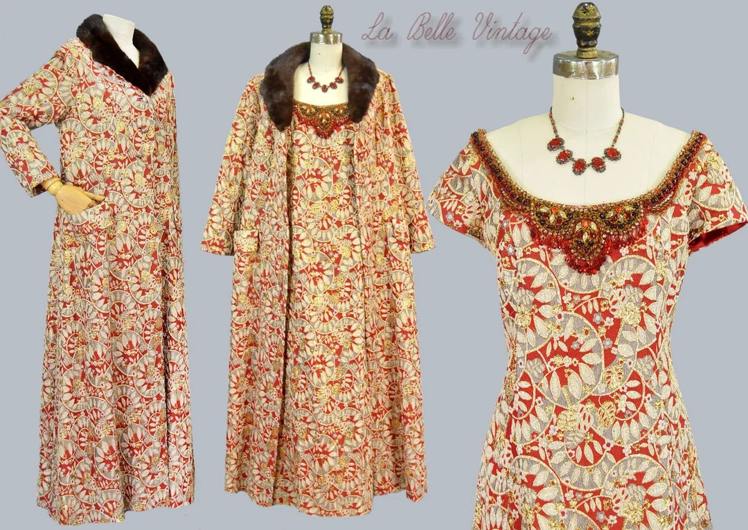 Vintage Red Gold Beaded Brocade Gown Opera Coat S M 1960s Couture Fur Trim Set | Etsy (US)