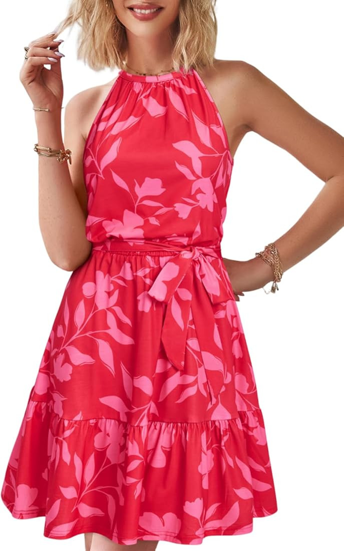 Newshows Women's 2024 Summer Dress Halter Casual Beach Vacation Outfits Hawaiian Dresses Ruffle B... | Amazon (US)