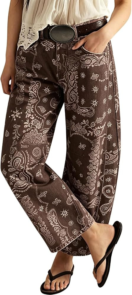 loveimgs Women Boyfriend Baggy Barrel Jeans Floral Print Denim Ankle Pants Wide Leg Mid Rise Jeans Sweatpants Y2k Patchwork | Amazon (US)
