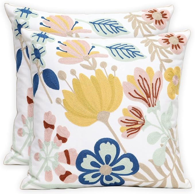 Pack of 2 Embroidered Decorative Throw Pillow Cover 18x18 Inch Farmhouse Floral Pillowcase for Li... | Amazon (US)