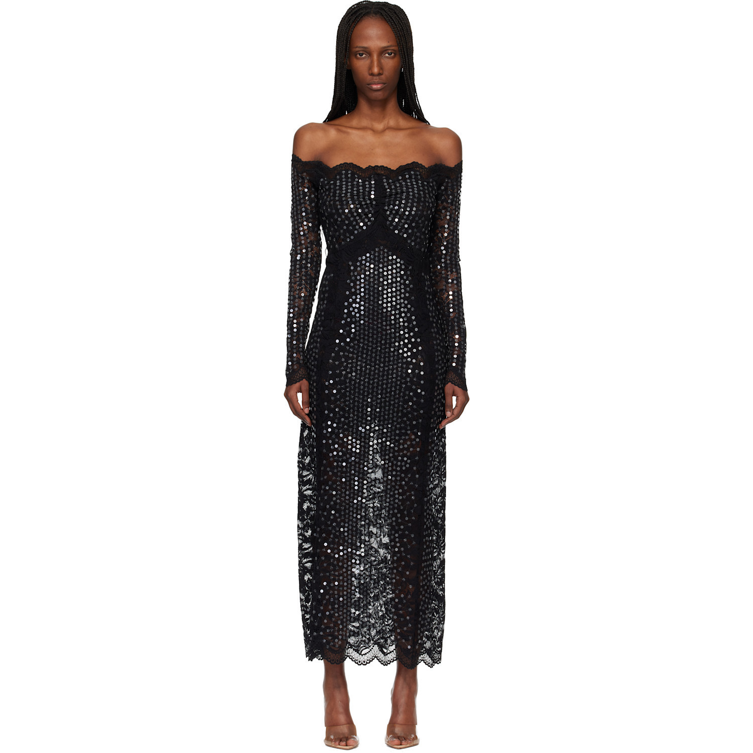 Rabanne Black Lace Sequin Midi Dress | SSENSE