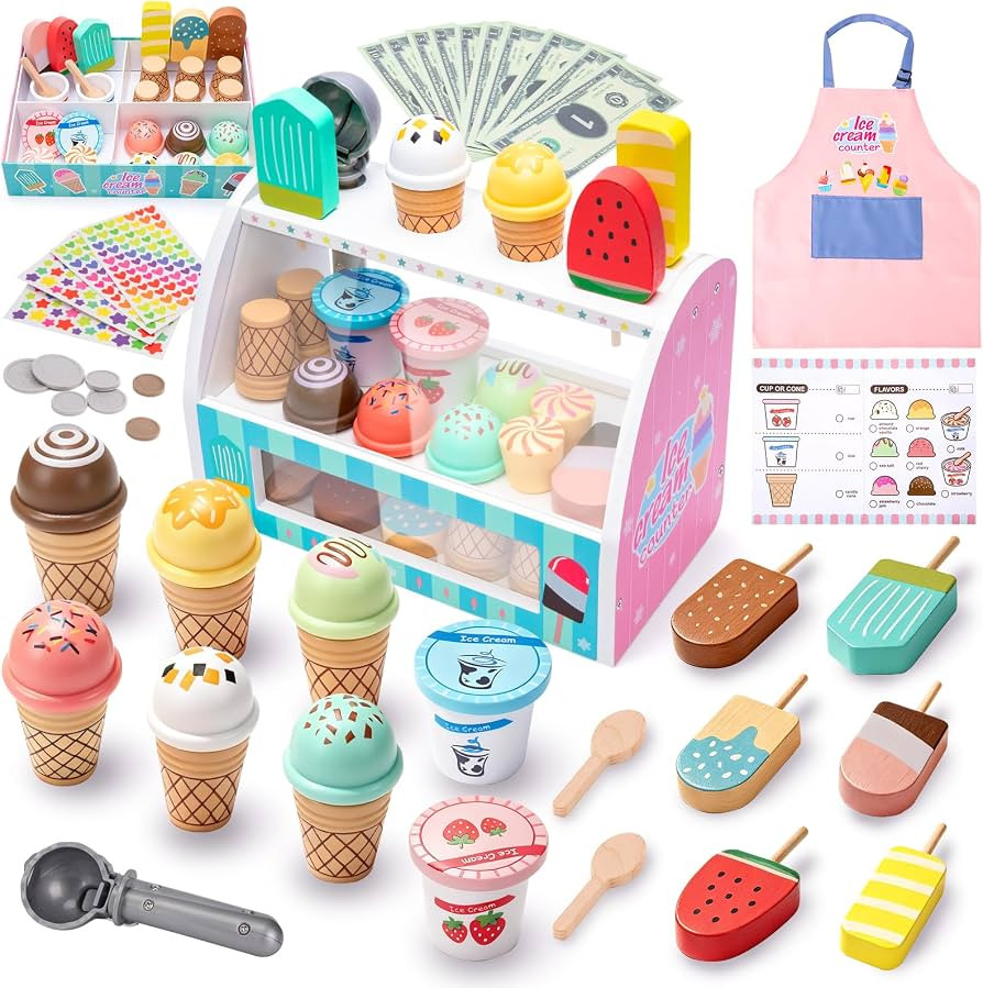 LOYO Ice Cream Toy for Kids 3-6, Wooden Ice Cream Shop Play Set with Counter, Apron, DIY Sticker,... | Amazon (US)