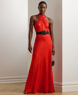 Women's Belted Floral Jacquard Halter Gown | Macy's