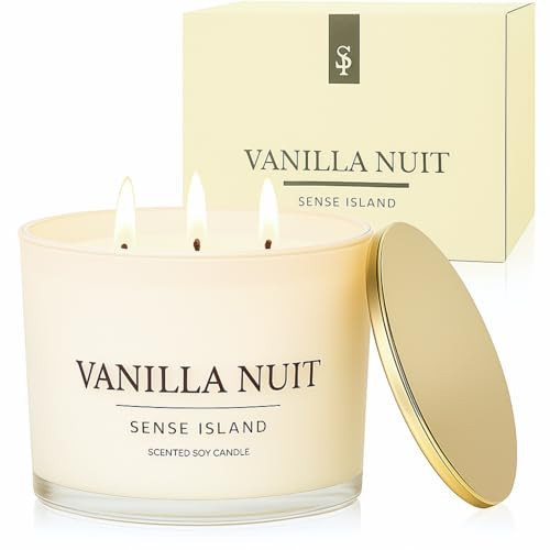 Vanilla Nuit 3 Wick Soy Candle – Large Creamy Vanilla Scented Candle for Home with Gold Lid & Beige Glass Vessal, Natural Soy Wax, Long Lasting Burn – Sensual Gourmand Fragrance, Luxury Gift for Women | Amazon (US)