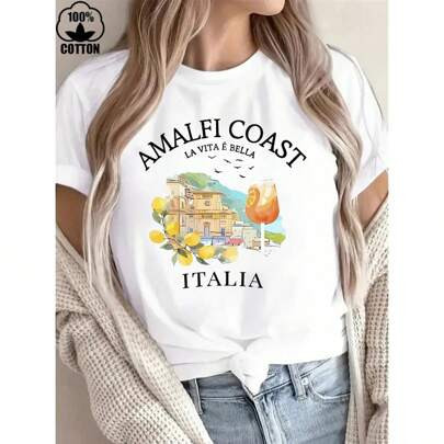 Happy Valentine'S Day Women's Amalfi Coast Graphic Premium Fitted Suided T-Shirt, Women's 220g Round Neck Casual Heavy Pure Cotton T-Shirt (1 PC) | SHEIN