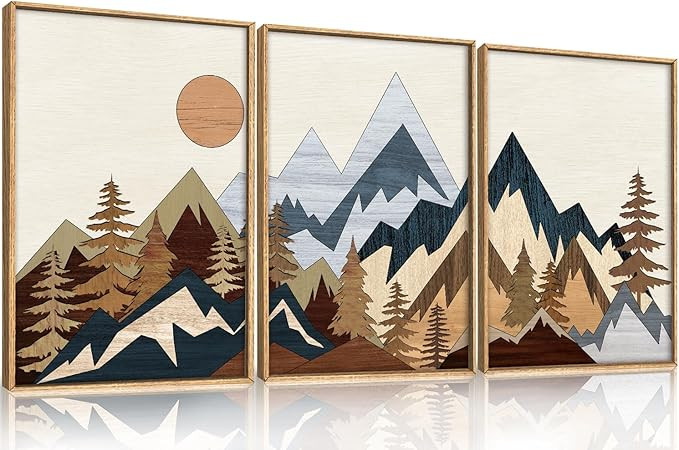 HOURIA Mid Century Mountain Woodland Framed Wall Art Set,Boho Sunrise Pine Tree Wall Decor,Wilder... | Amazon (US)