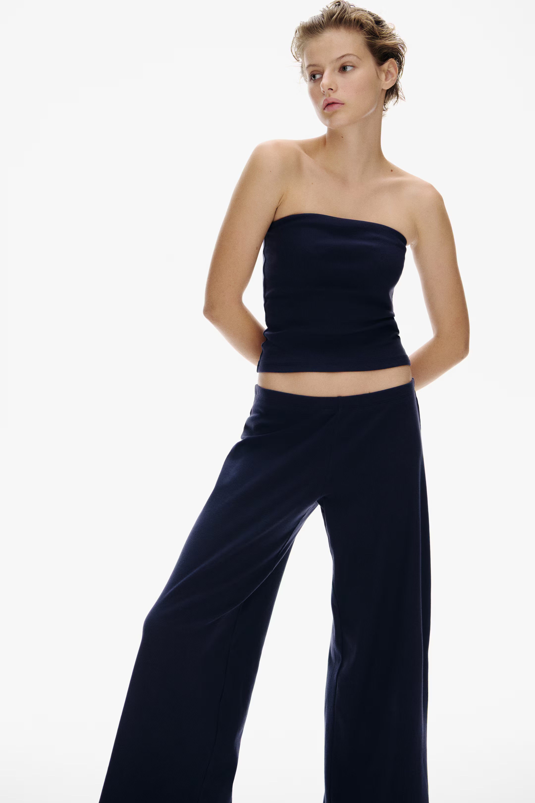 2-Piece Ribbed Top and Pants Set - Navy blue - Ladies | H&M CA | H&M (US + CA)