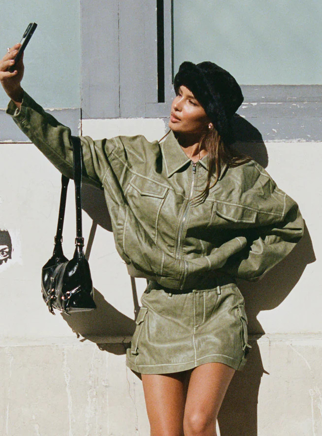 Tanza Faux Leather Jacket Washed Green | Princess Polly US