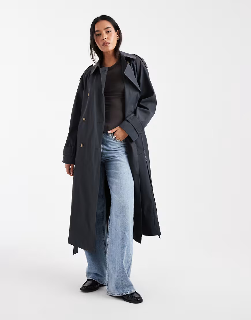 ASOS DESIGN - Trenchcoat met lange pasvorm in marineblauw | ASOS (Global)