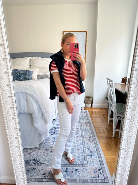Memorial Day weekend in Maine ❤️🇺🇸🌊 Red and white striped sailor tea with white skinny jeans and white Jack Rogers sandals. I’m bringing my favorite Dudley Stevens fleece in case it gets chilly too! 

#LTKshoecrush #LTKfit #LTKtravel