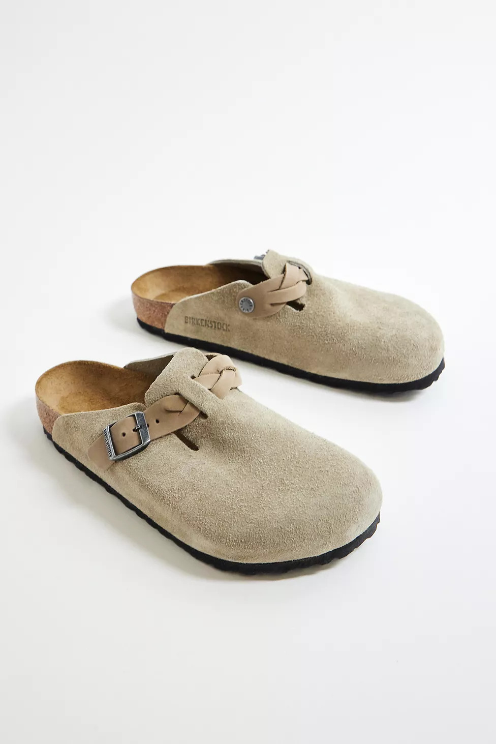 Birkenstock Braided Taupe Suede Boston Clogs | Urban Outfitters (US and RoW)