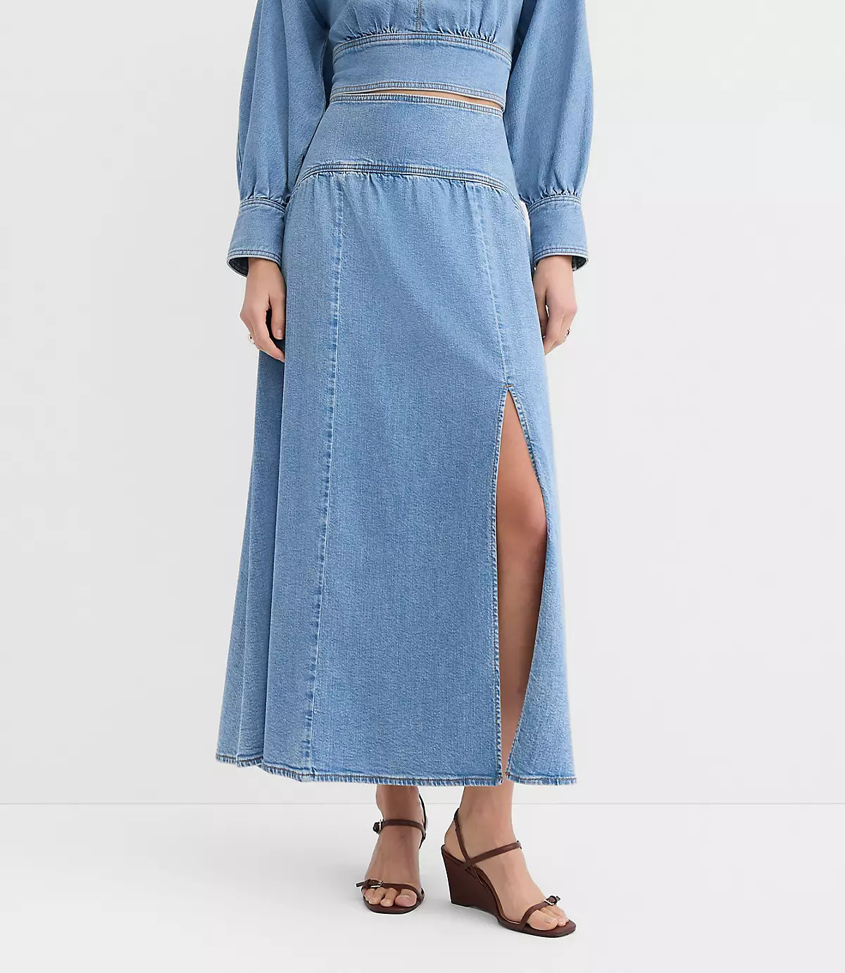Tall Yoke Full Denim Maxi Skirt in Light Wash Indigo | LOFT