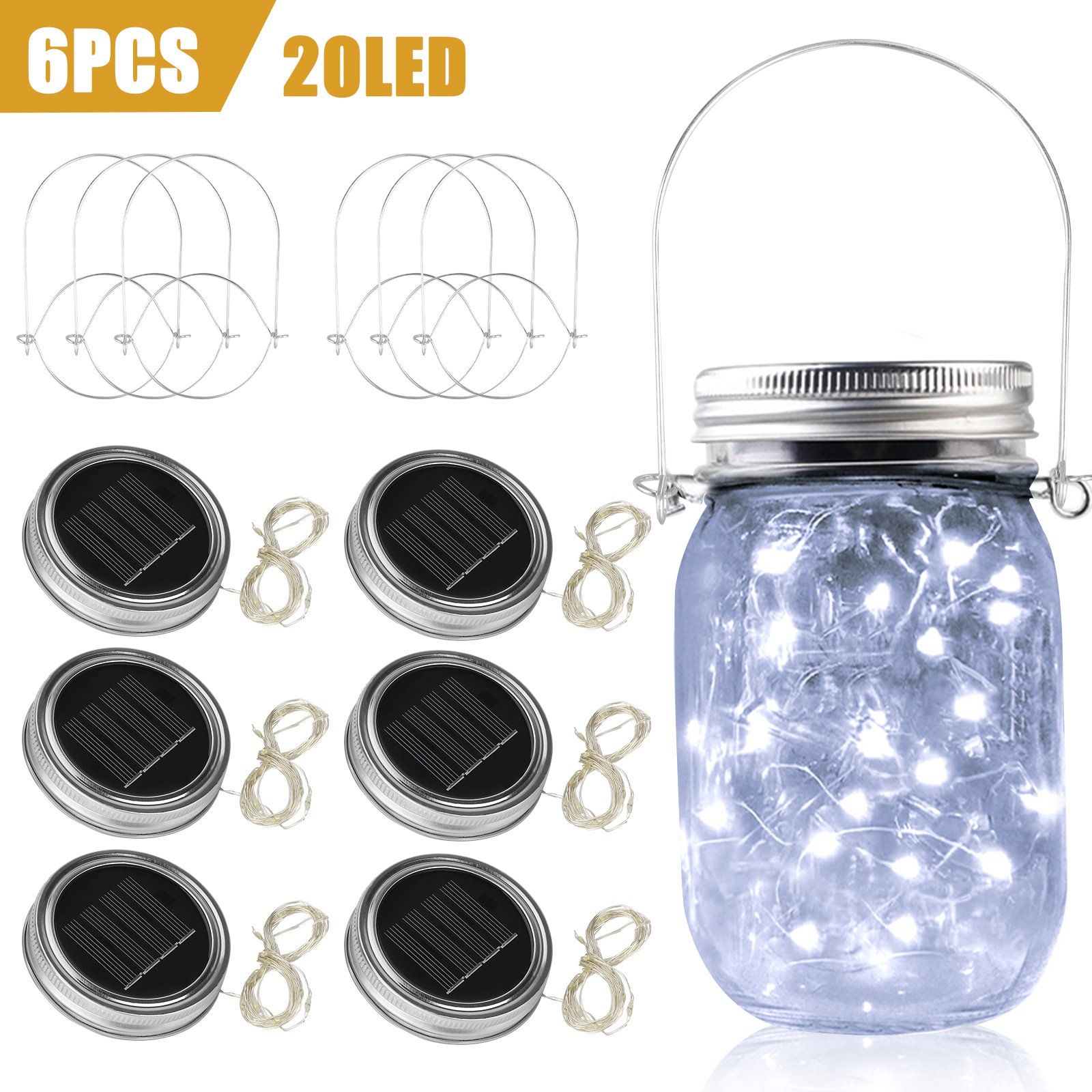 6 Pack Mason Jar Lid Lights with 6 Hangers, 20 LED Waterproof Solar Cool White Fairy Star Firefly... | Walmart (US)