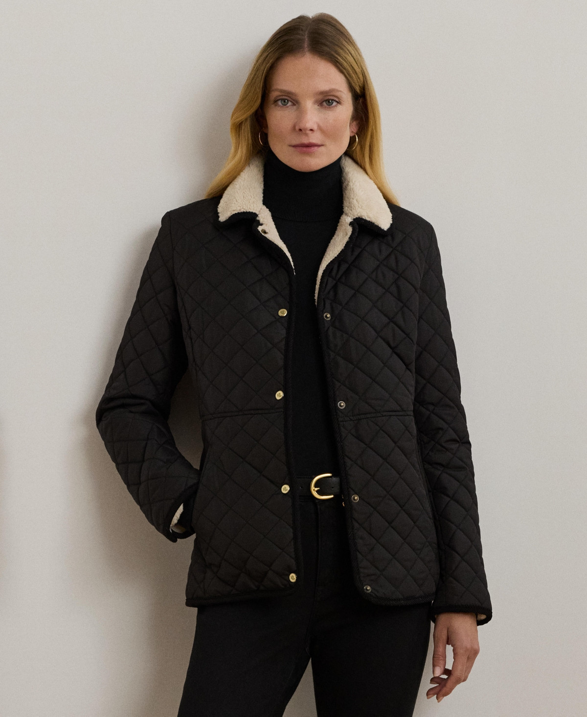 Lauren Ralph Lauren Women's Faux-Sherpa-Collar Quilted Coat - Black | Macy's
