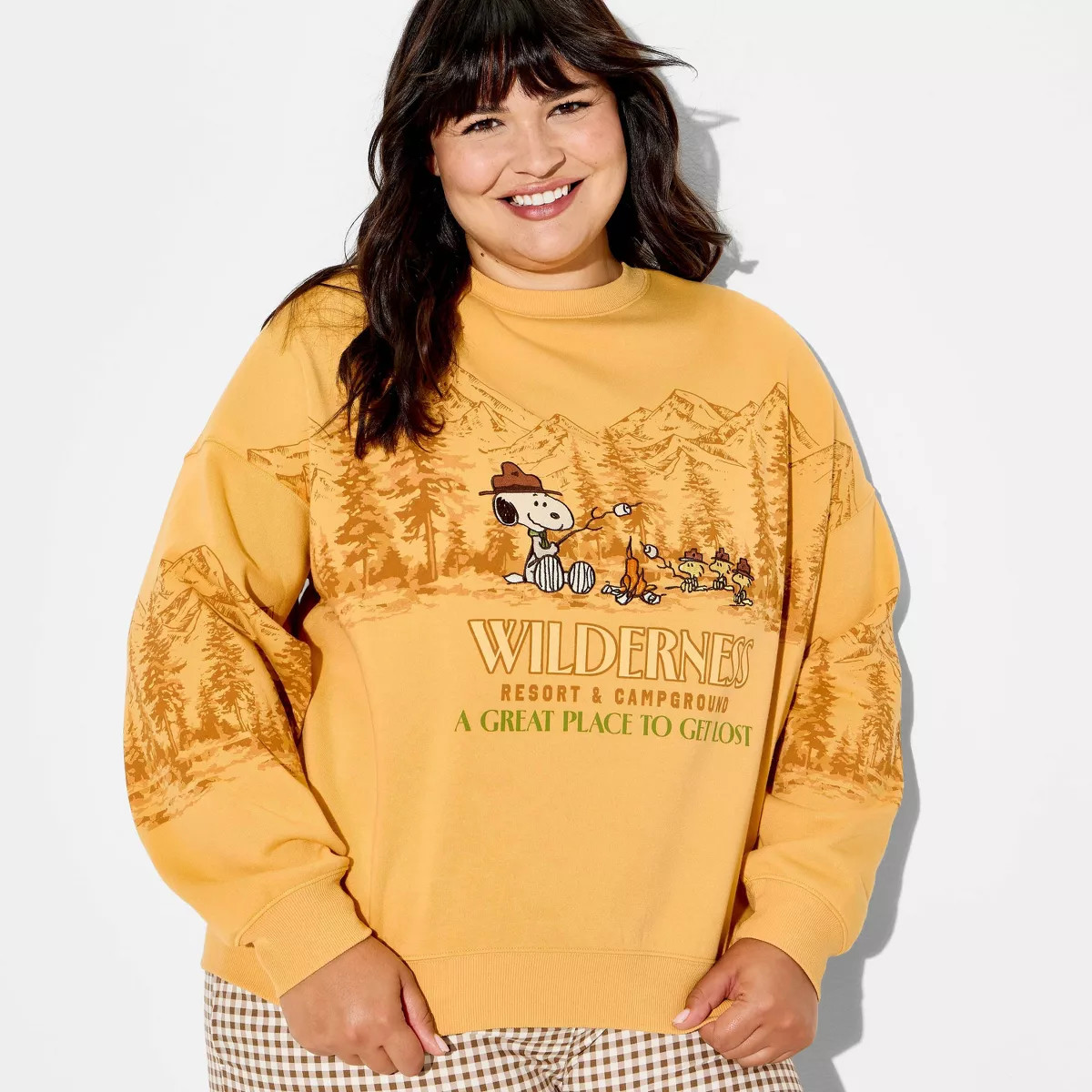 Women's Crewneck Snoopy Wilderness Graphic Pullover Sweatshirt - Yellow 3X | Target