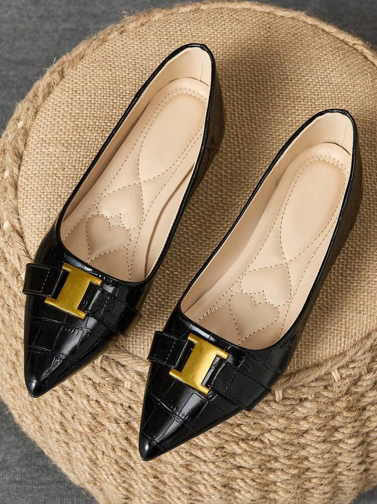 Women's Pointed Toe Flat Shoes, Soft Bottom Low Vamp Flat Heel Comfortable Loafers, Chain Textured Slip-On Casual Flat Dress Shoes, Soft Leather Non-Fatiguing, Suitable For Skirts, Commuting, Work | SHEIN