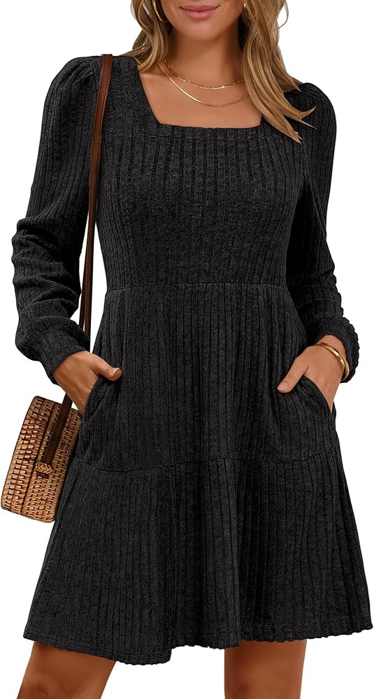 ANRABESS Women's Long Sleeve Fall Dress 2025 Square Neck Casual Ribbed Knit Comfy Soft Short Swea... | Amazon (US)