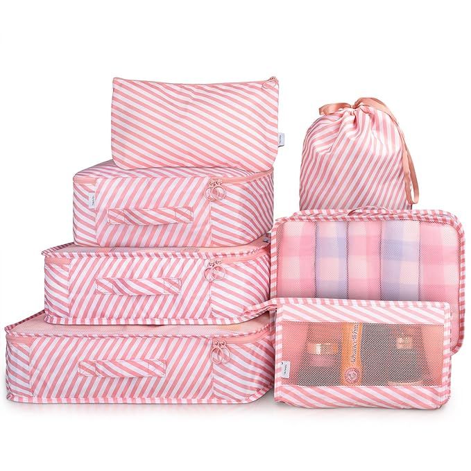 Packing Cubes 7 Pcs Travel Luggage Packing Organizers Set with Toiletry Bag (PINK STRIPE) | Amazon (US)