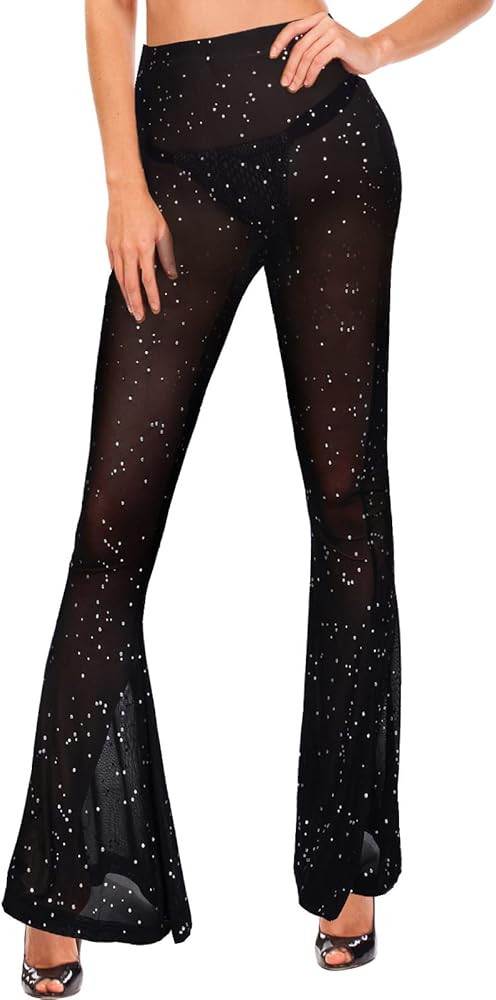 Women Rave Mesh Sheer Pants 70s Outfits for Women Bell Bottom Rave Outfit for Festival Disco Danc... | Amazon (US)