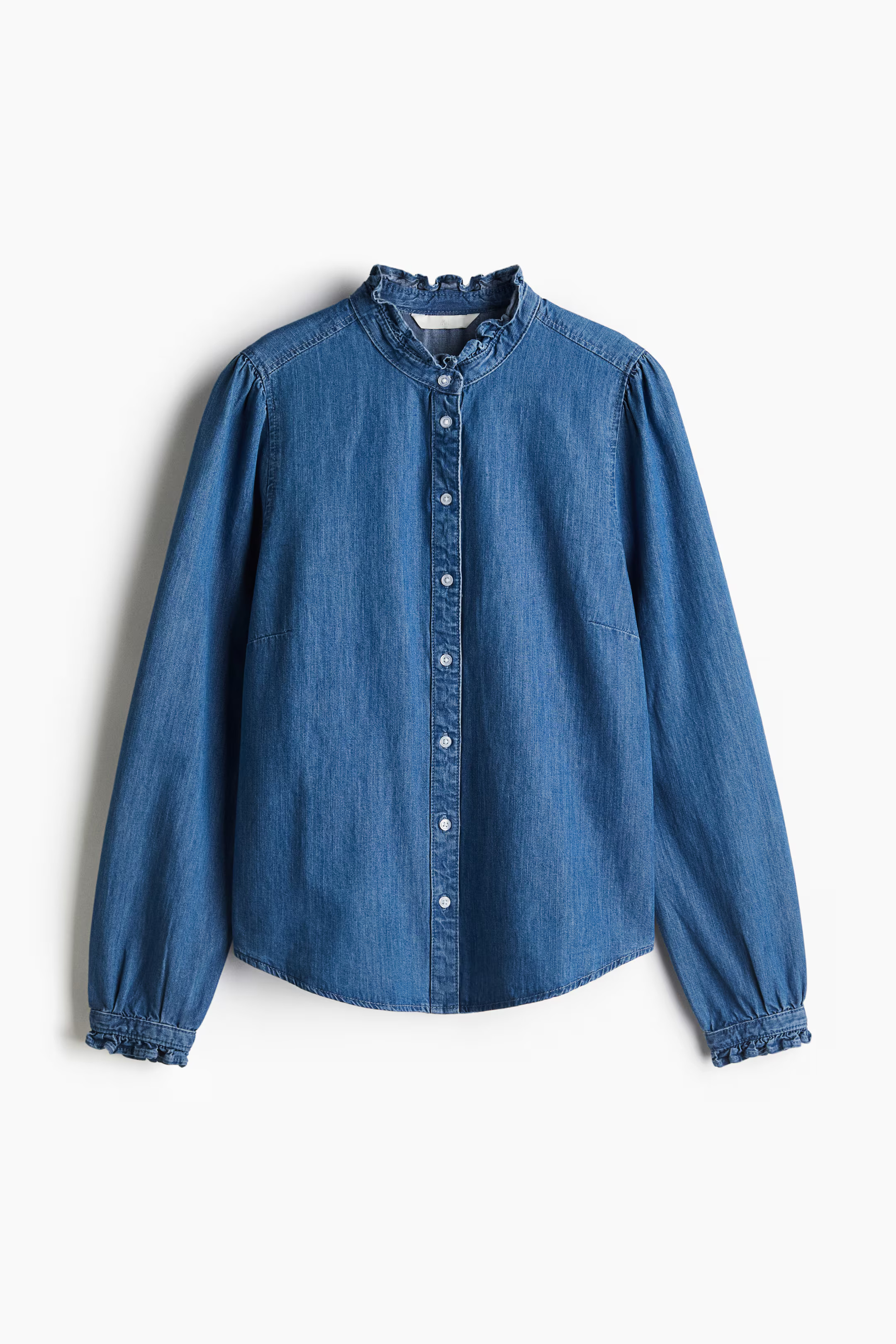 Ruffle-Trimmed Denim Blouse - Denim blue - Ladies | H&M US | H&M (US + CA)