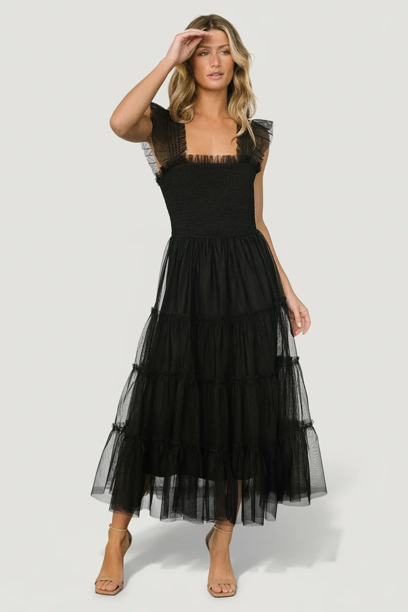 Emma Smocked Tulle Midi Dress — Black | Baltic Born | Baltic Born
