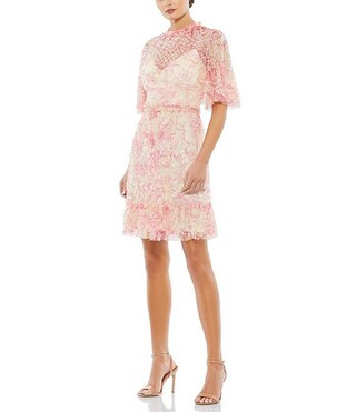 Floral Print Mock Neck Short Flounce Sleeve Sequin Embellished Tiered Ruffle Hem Dress | Dillard's