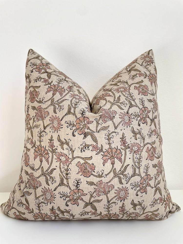 Hand Block Print Pure Linen Throw Pillow Cover: Handmade Vintage Cushion Cover (Penelope) (20x20) | Amazon (US)
