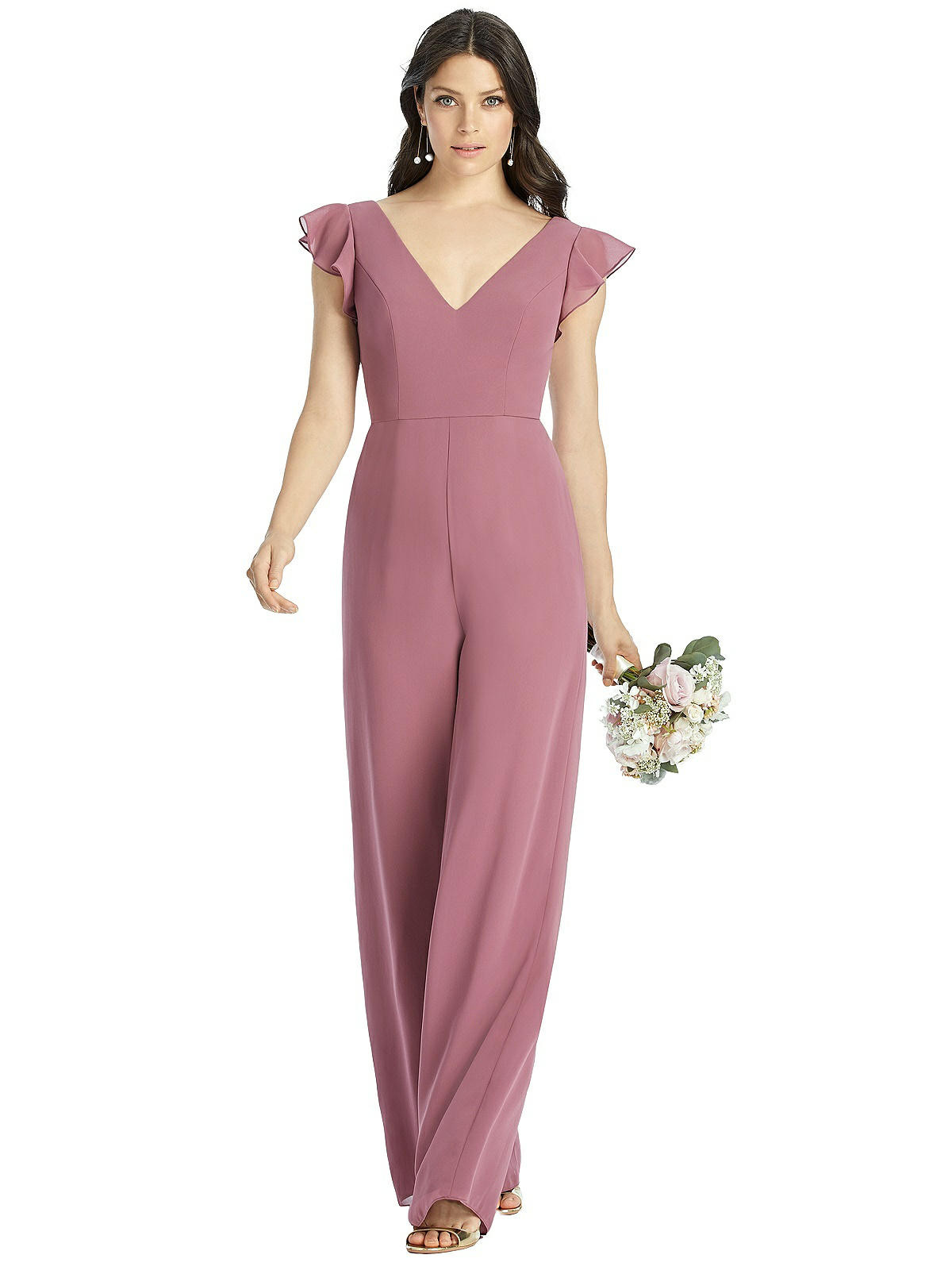 Ruffled Sleeve Low V-Back Jumpsuit - Adelaide | The Dessy Group