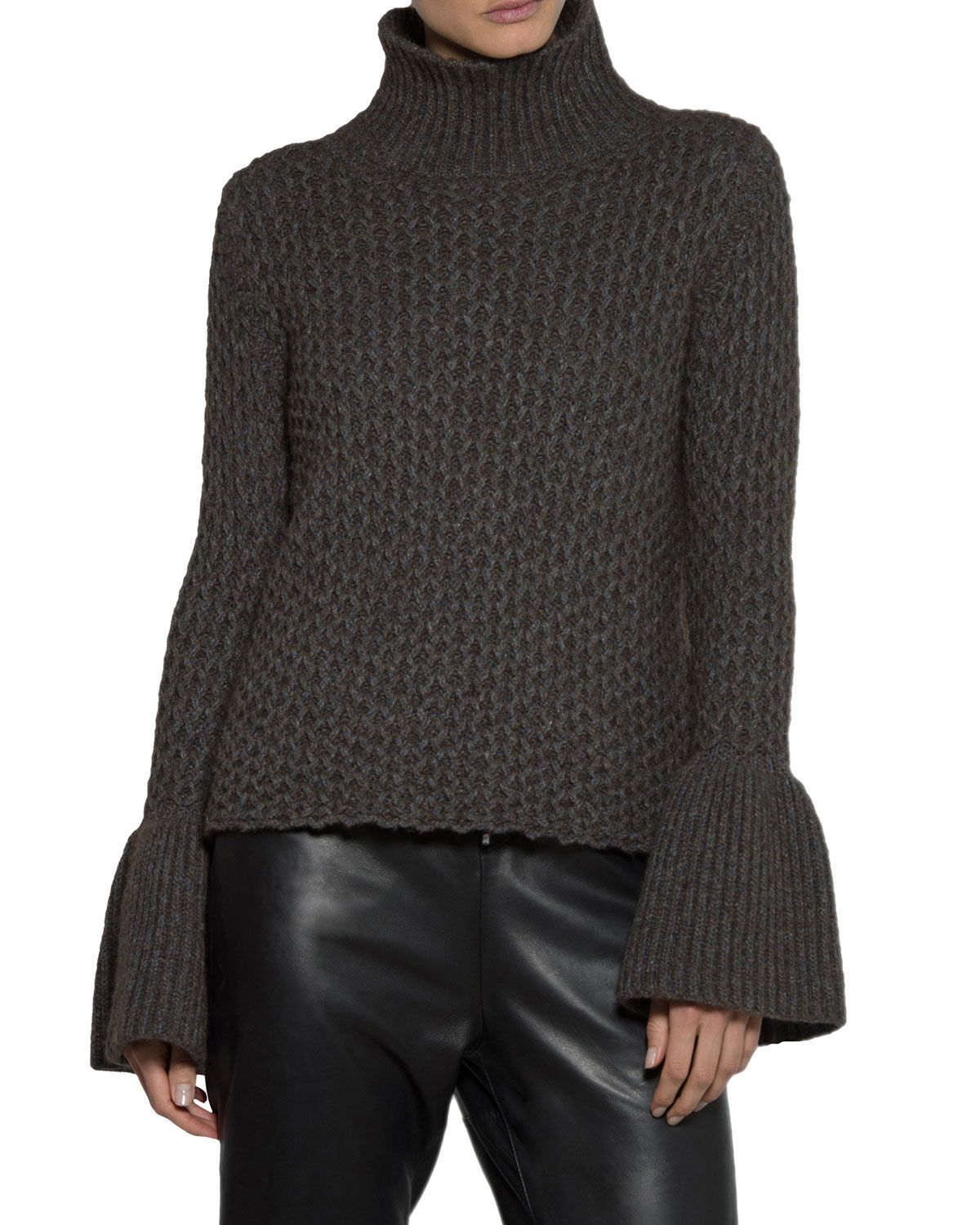 Textured Knit Flare-Sleeve Turtleneck Sweater | Neiman Marcus