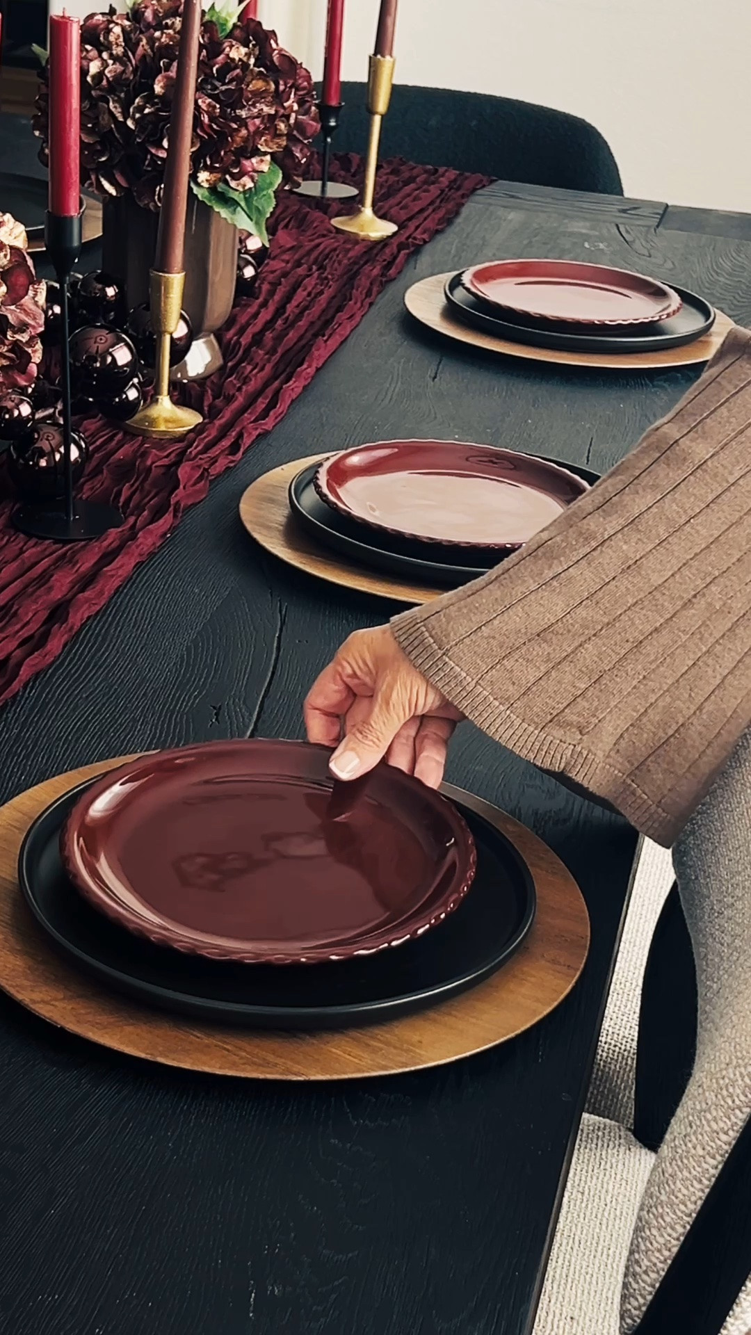 Moody fall tablescape, burgundy and chocolate brown table decor, fall table styling, dried bunny tail grass, chocolate brown dried stems, burgundy faux florals, textured fall centerpiece, autumn table setting, layered tablescape, fall hosting inspiration, dining table decor and Thanksgiving table ideas.

#LTKSeasonal #LTKHome