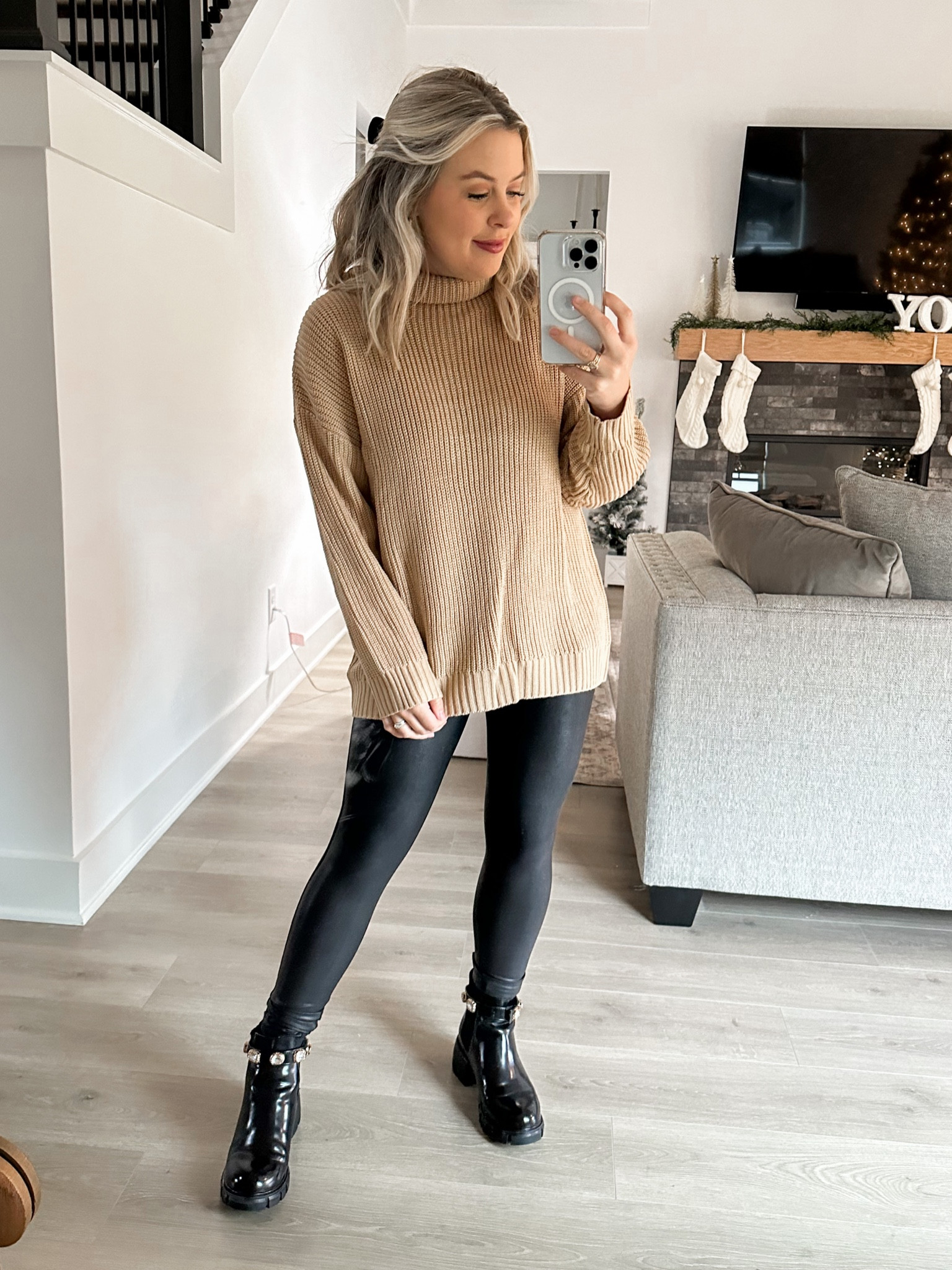 Beige Walmart sweater size small true to size and perfect with Spanx feaux leather leggings. Spanx faux leather leggings size M petite. Size up!! Gucci inspired Steve Madden boots size 7 and so comfortable! #feauxleatherleggingstyle #walmartfinds #walmartstyle #turtleneckoutfit #turtleneck #winteroutfit

#LTKshoecrush #LTKunder50 #LTKstyletip