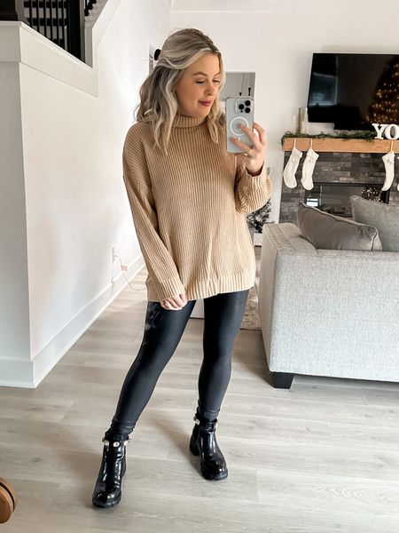 Beige Walmart sweater size small true to size and perfect with Spanx feaux leather leggings. Spanx faux leather leggings size M petite. Size up!! Gucci inspired Steve Madden boots size 7 and so comfortable! #feauxleatherleggingstyle #walmartfinds #walmartstyle #turtleneckoutfit #turtleneck #winteroutfit

#LTKshoecrush #LTKunder50 #LTKstyletip