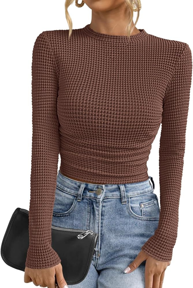 PRETTYGARDEN Womens Tops 2025 Fall Long Sleeve Fitted T Shirts Waffle Ruched Crop Shirt Basic Kni... | Amazon (US)